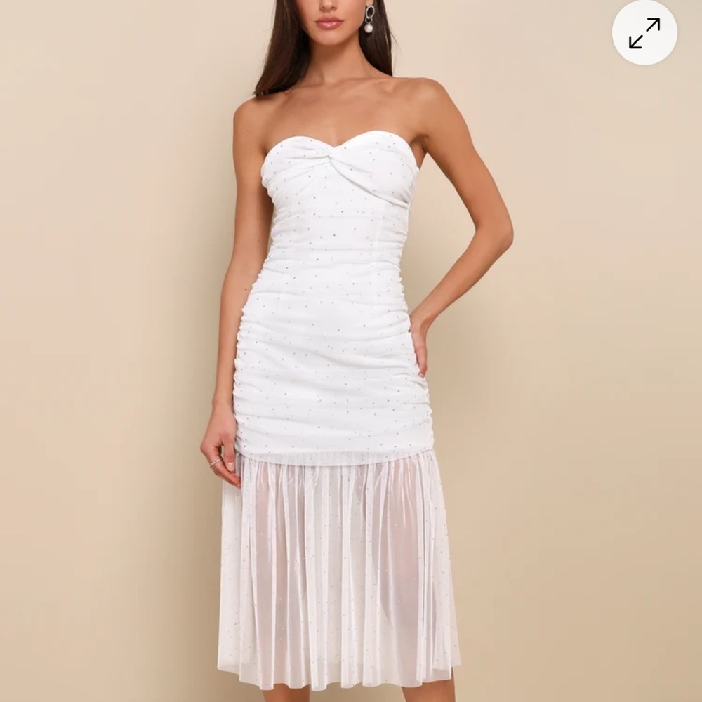 NWOT Lulus Sparkling Babe White Mesh Rhinestone Ruched Strapless Midi Dress